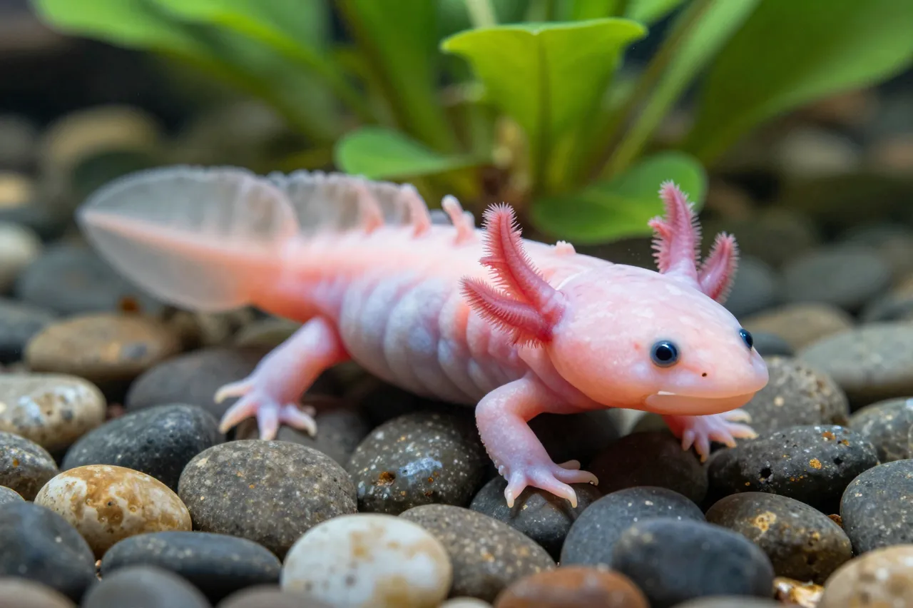 A pink axolotl with feathery gills rests on smooth aquarium pebbles next to green aquatic plants.