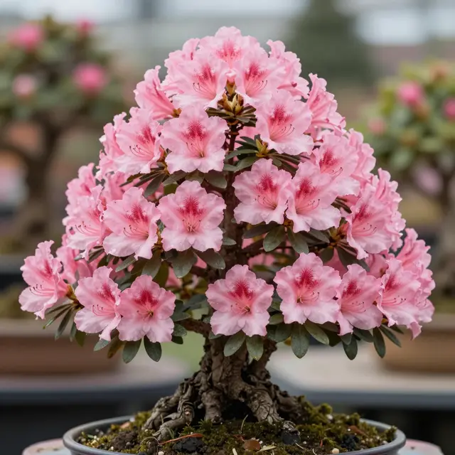 A close-up of a flowering pink azalea bonsai covered in soft pink ruffled blooms in a ceramic pot.