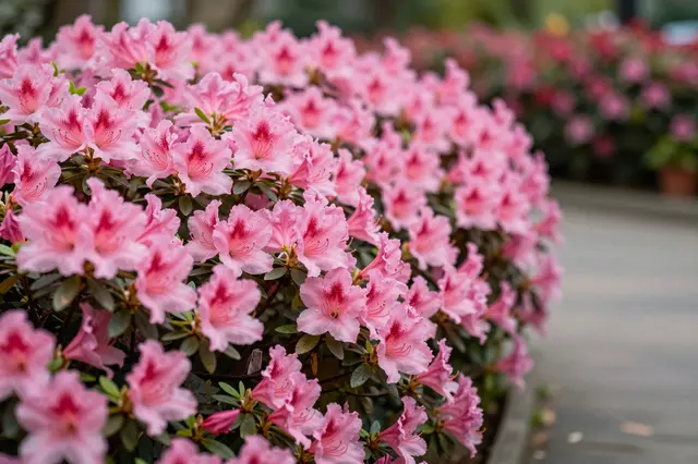 Close-up of fully bloomed pink azaleas lining a shaded smooth garden path with soft blurred background foliage