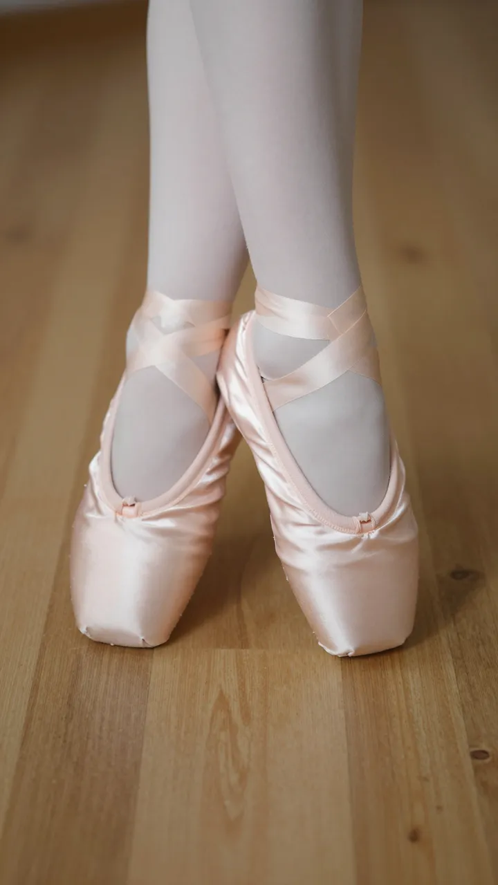 Cropped view of a ballerina's legs in pink satin pointe shoes standing on a wooden floor