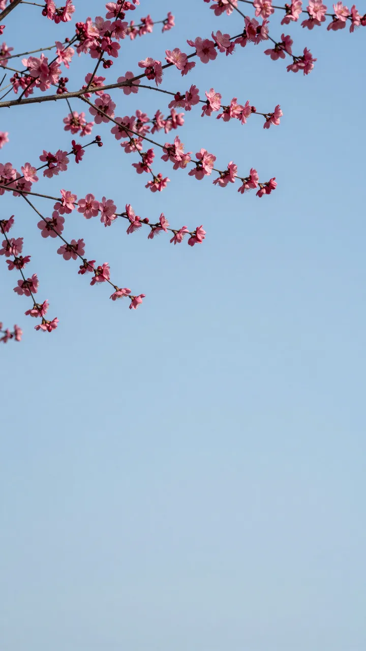 Delicate pink blossom branches hang from the top against a clear pale blue sky with empty copy space below