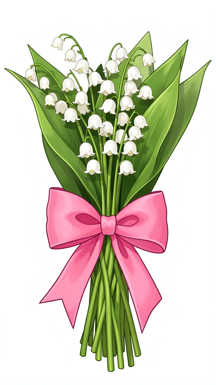 Coquette illustration of a lily of the valley bouquet tied with a large pink bow against a plain white background