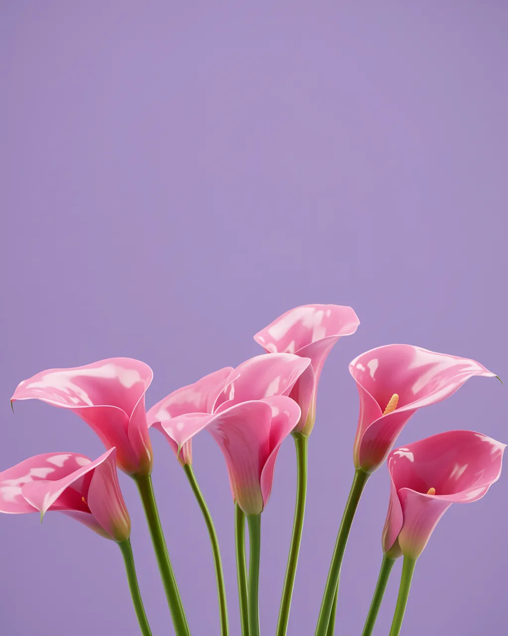 Glossy pink calla lilies rise from the bottom against a soft lavender backdrop with empty upper copy space