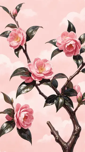 Pink camellia flowers on a glossy dark branch against a soft blush pink sky background