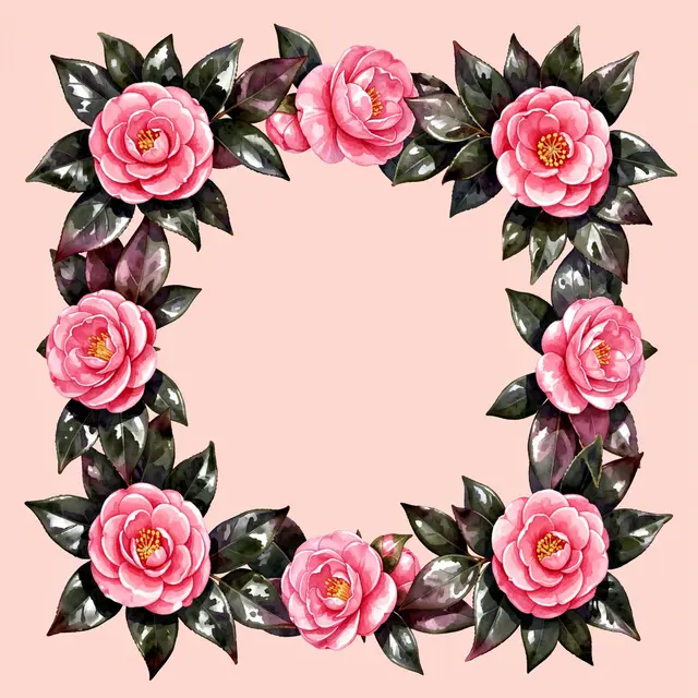 Watercolor square frame of pink camellias and glossy dark leaves on a blush background with empty center space