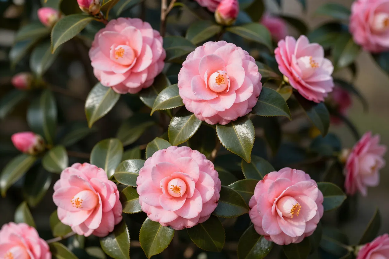 Soft pink camellia blooms and unopened buds grow on a glossy green shrub in bright warm winter sunlight.