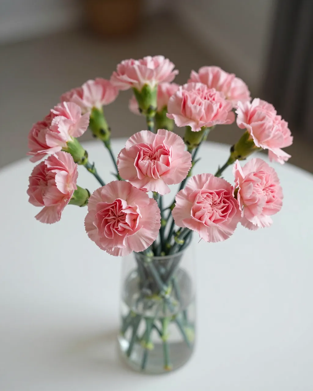 A bouquet of soft pink carnations sits in a clear glass vase on a round white table.