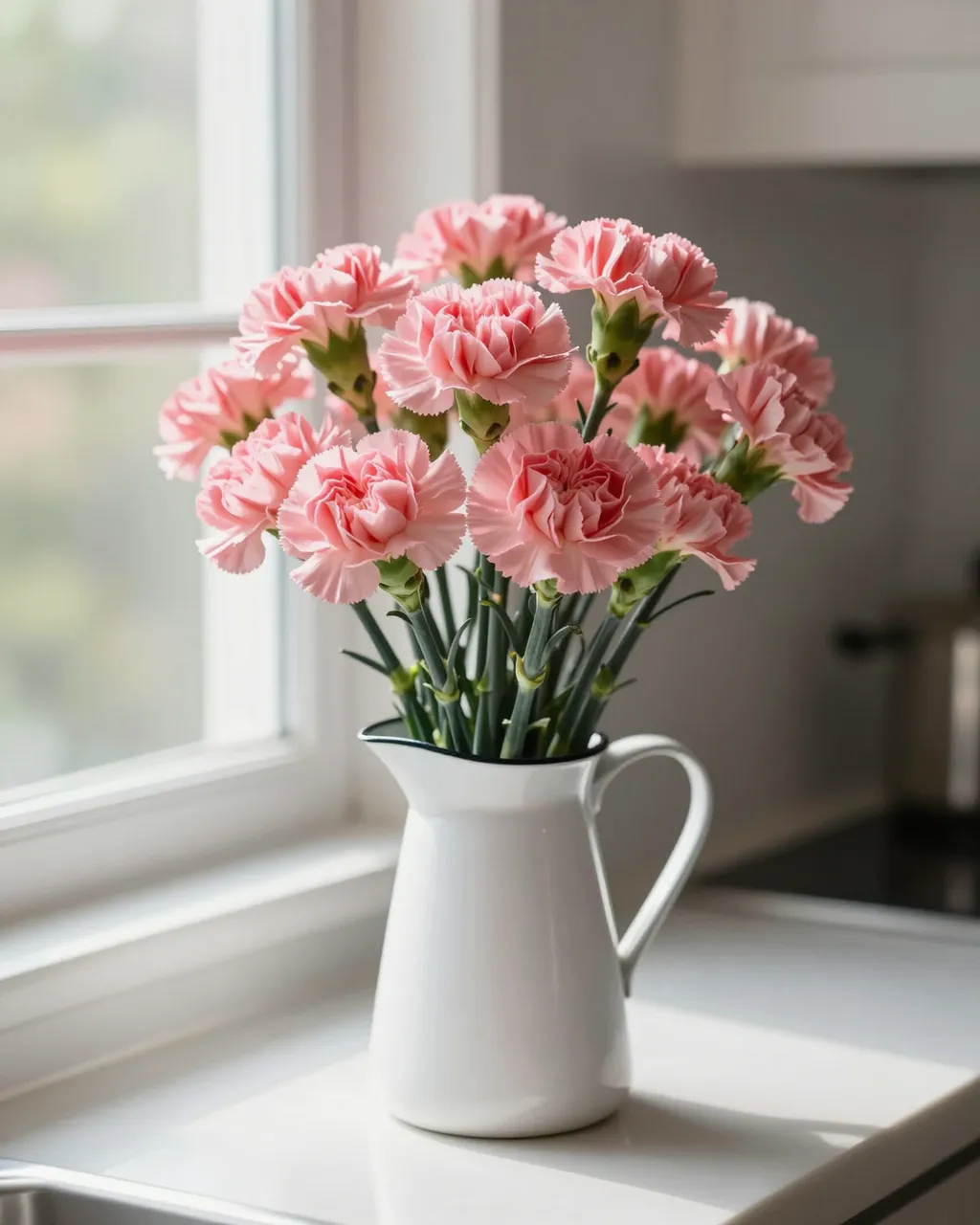 Bouquet of pink carnations in a white enamel pitcher sits on a sunlit kitchen windowsill