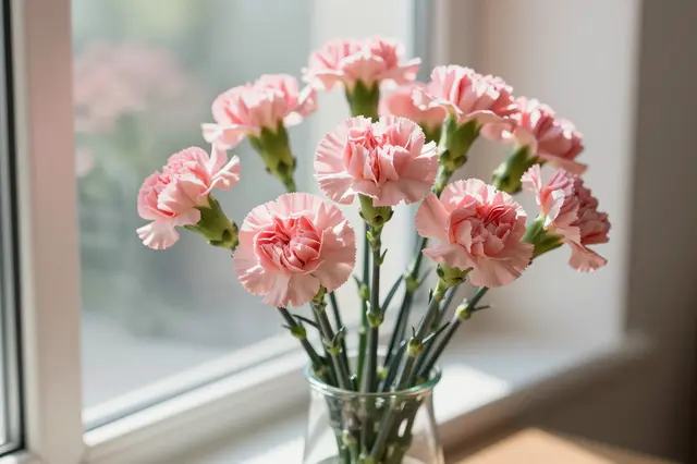 A bouquet of soft pink carnations in a clear glass vase sits on a sunlit windowsill.