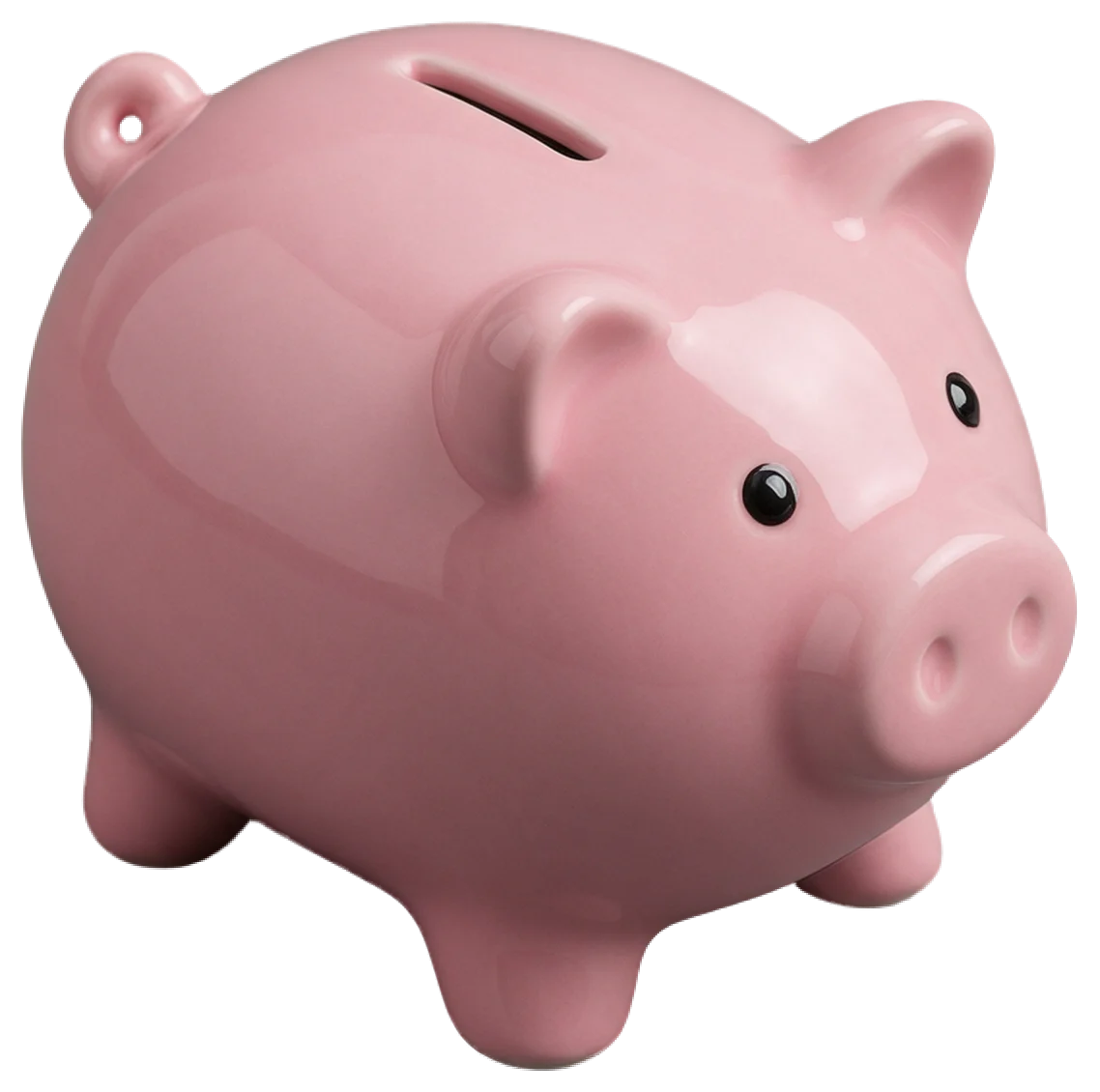 Glossy pink ceramic piggy bank shown from a three-quarter angle with a coin slot on top