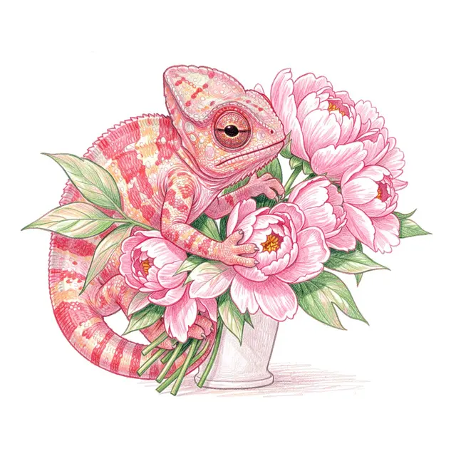 Colored pencil drawing of a pink patterned chameleon arranging a bouquet of pink peonies in a small white vase