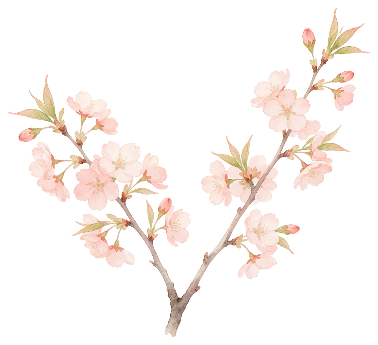 Soft watercolour illustration of two delicate cherry blossom branches with pale pink flowers and new green leaves