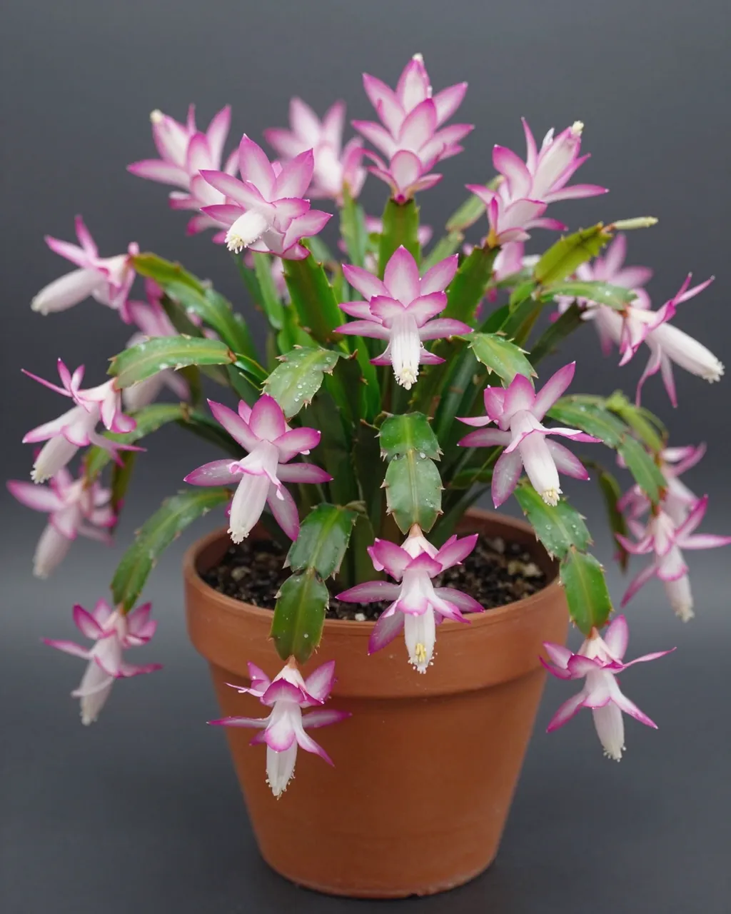 A flowering Christmas cactus with pink tipped white blooms spills over its terracotta pot against a dark gray background.