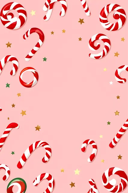 Red and white candy canes, peppermint swirls and tiny stars scattered on a soft pale pink flat illustration background