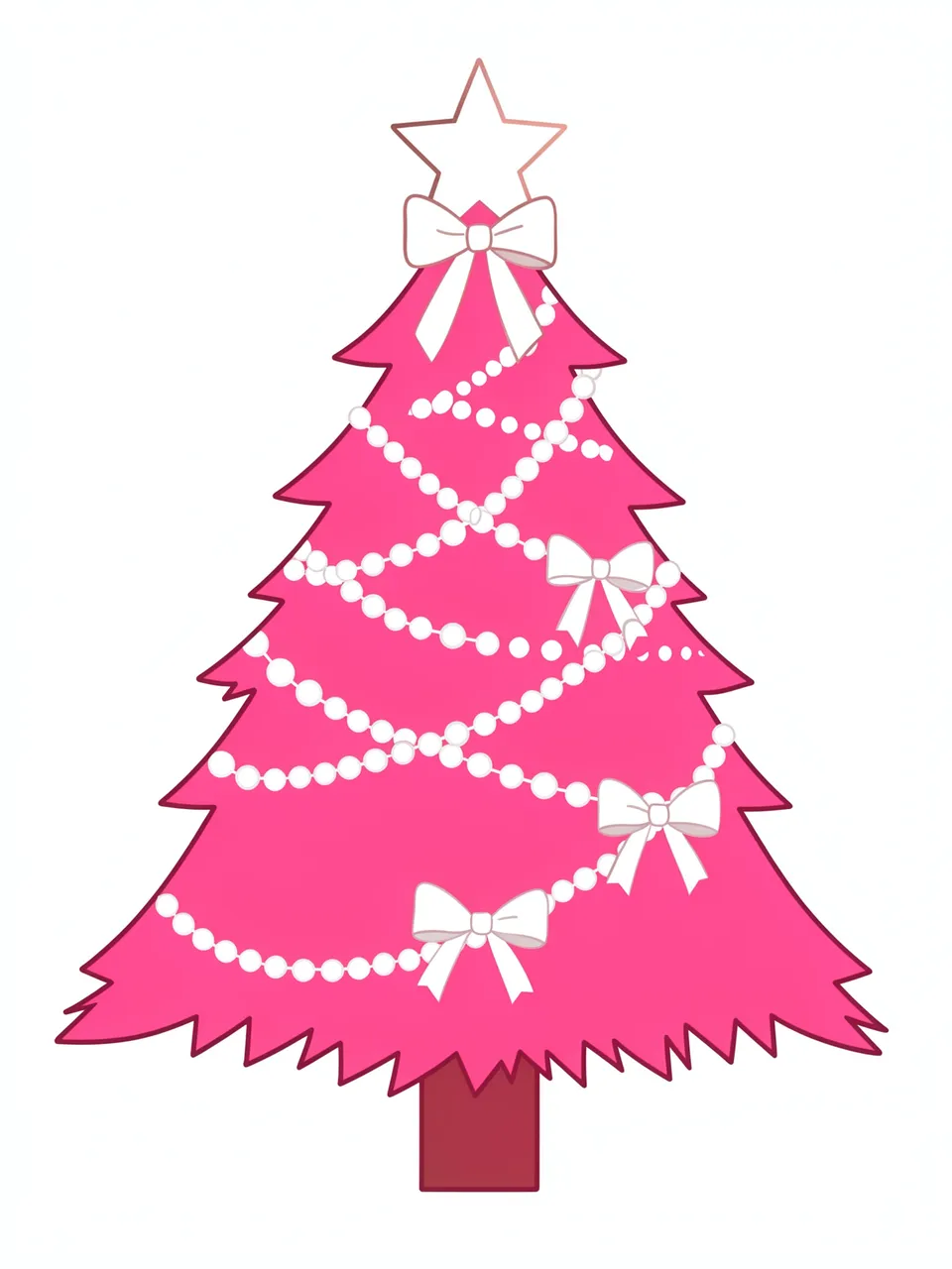 Flat clipart of a bright pink Christmas tree decorated with white bows, pearl garland and a white star, isolated on a plain