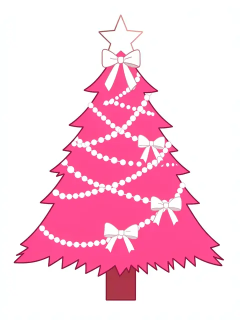 Flat clipart of a bright pink Christmas tree decorated with white bows, pearl garland and a white star, isolated on a plain