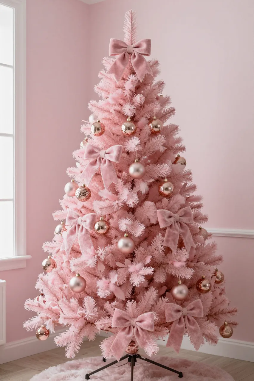A decorated pink Christmas tree stands in the corner of a soft pale pink bedroom.