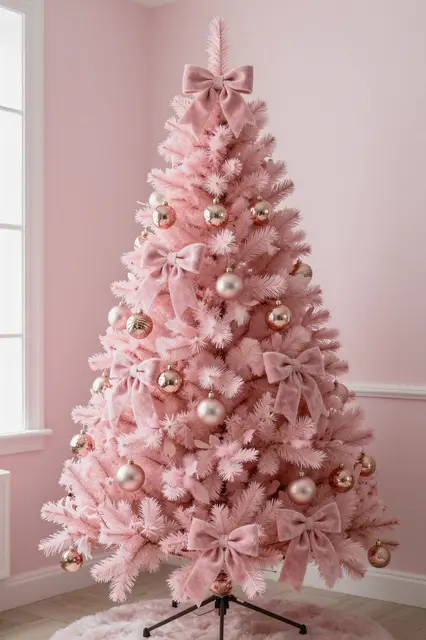 A decorated pink Christmas tree stands in the corner of a soft pale pink bedroom.