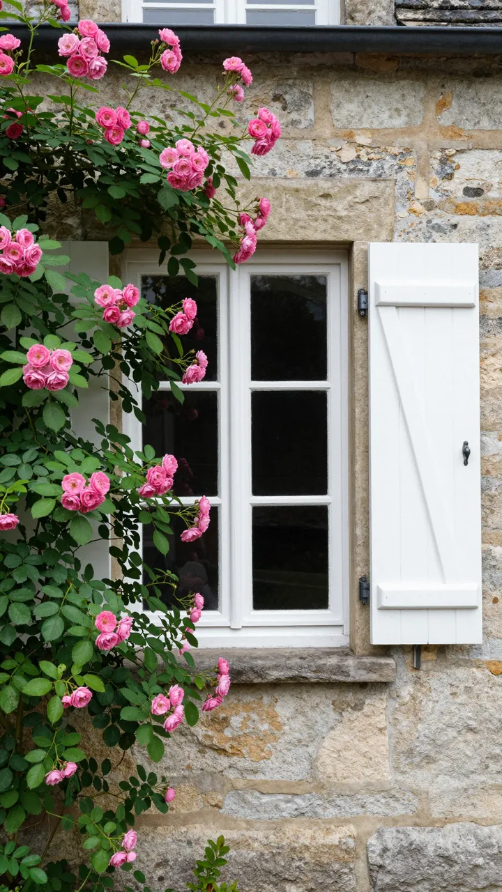 Pink climbing rose vines frame a white shuttered window on a rustic stone cottage wall