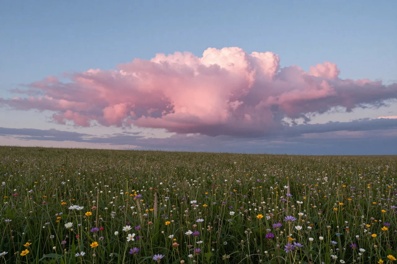 Cotton candy pink clouds float above a dense colorful wildflower meadow at soft dusk.