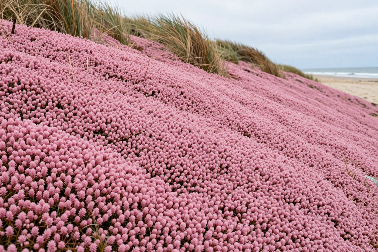 Dense pink ice plant covers a sloping coastal dune with beach grass and ocean visible in the distance