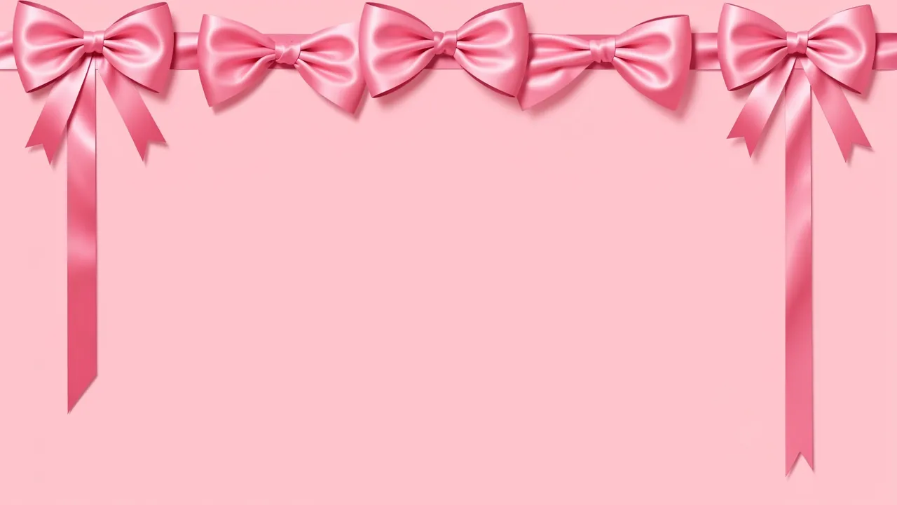Glossy pink satin bows with trailing ribbons line the top edge of a solid blush pink empty background