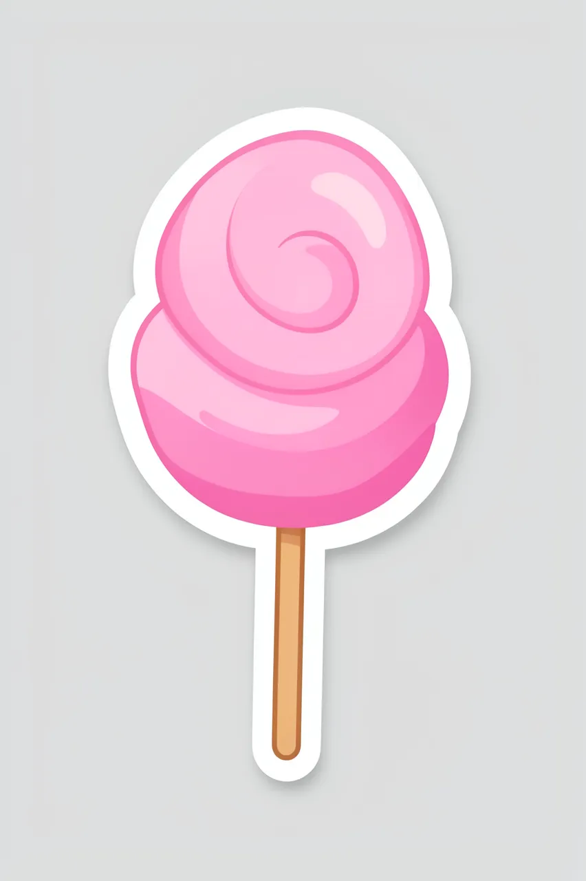 Die-cut sticker of a pink cotton candy swirl on a stick with a thick white border on a light gray background
