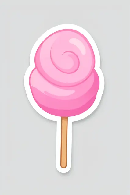 Die-cut sticker of a pink cotton candy swirl on a stick with a thick white border on a light gray background