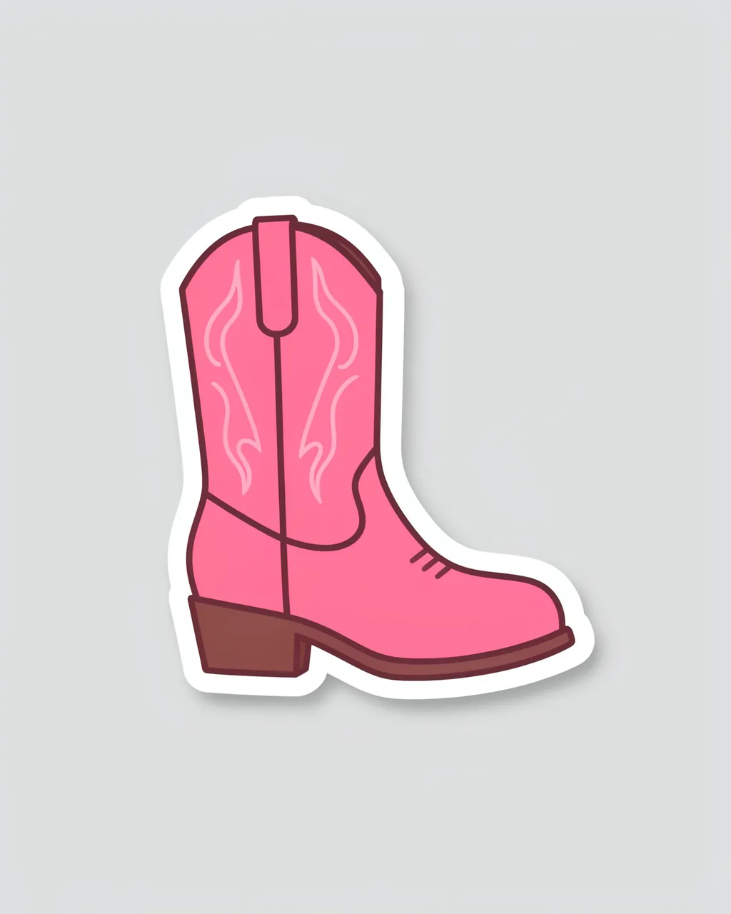 Flat cute illustration of a pink western boot die-cut sticker with a thick white border on a plain light gray background