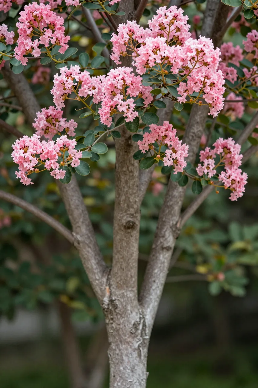 Close up of a crepe myrtle tree with soft pink crinkled flower clusters and mottled smooth bark against blurred green