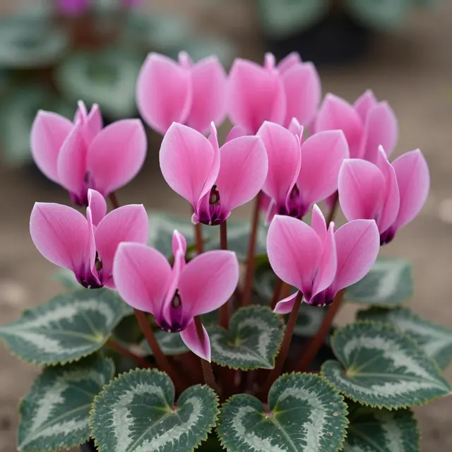 Close-up of a cluster of pink cyclamen flowers with swept petals and marbled variegated green leaves.