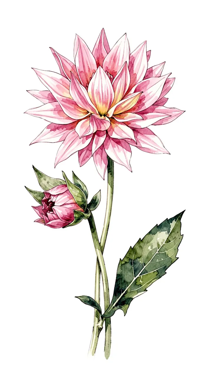 Ink and watercolor illustration of a fully open pink dahlia, an unopened bud, and a single green leaf on a plain white
