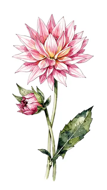 Ink and watercolor illustration of a fully open pink dahlia, an unopened bud, and a single green leaf on a plain white