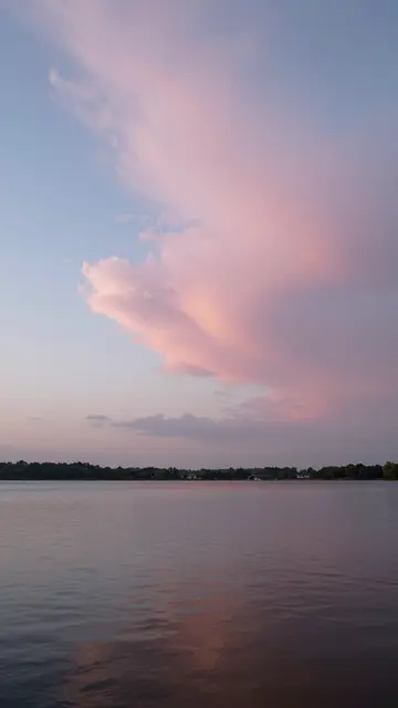 Soft pink and pastel blue dawn clouds hover over a still, reflective lake shoreline lined with dark trees.
