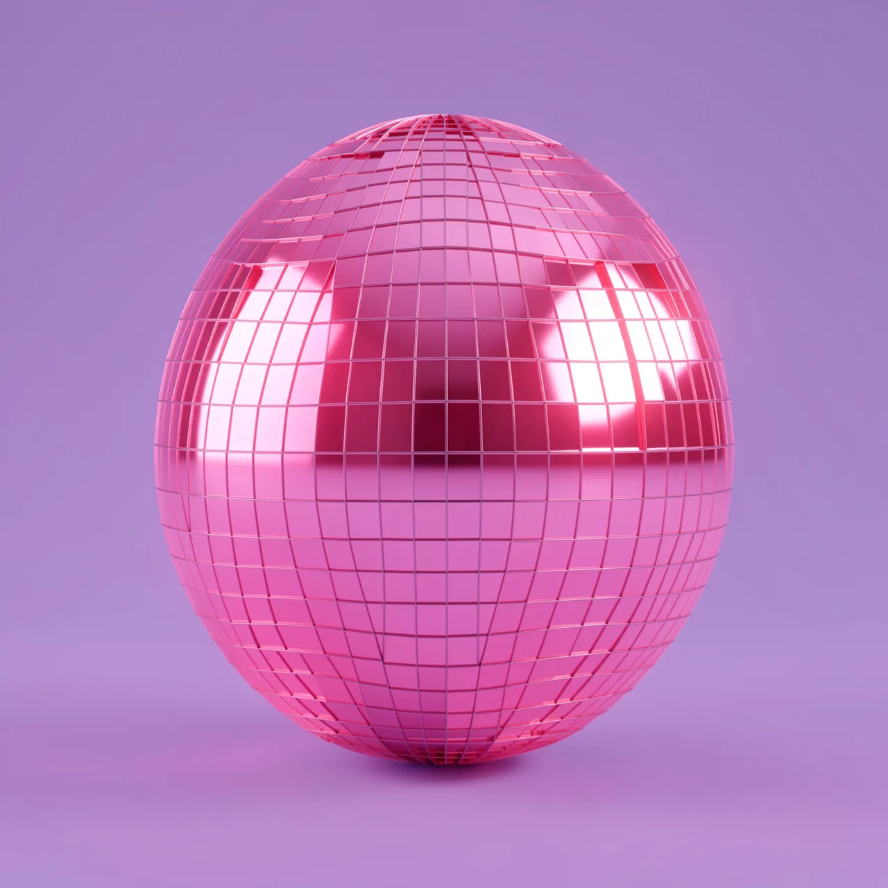 A glossy pink mirror disco ball sits against a solid soft purple background with gentle glowing highlights.