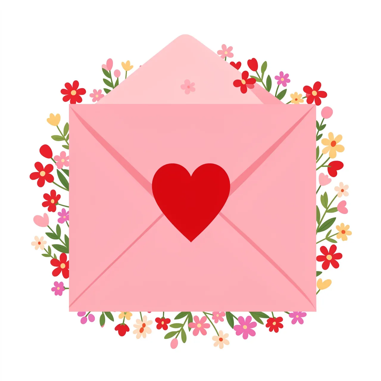 A pink envelope sealed with a red heart surrounded by a wreath of small colorful flowers on a white background.