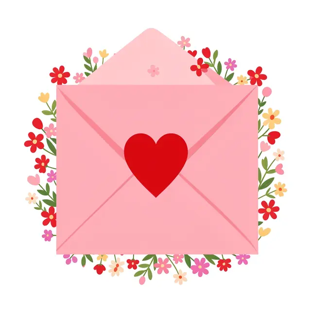 A pink envelope sealed with a red heart surrounded by a wreath of small colorful flowers on a white background.