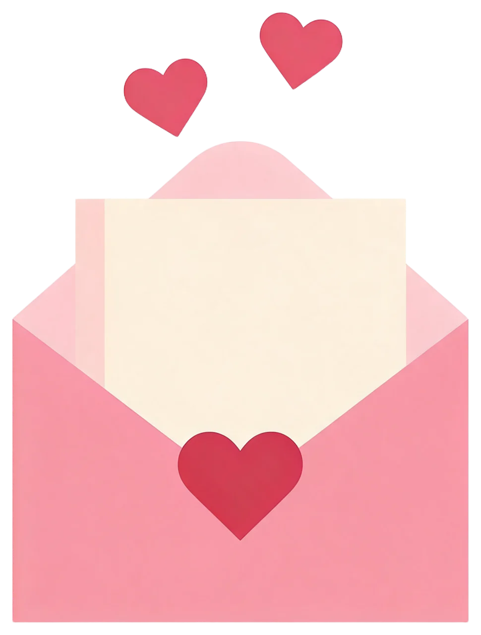 An open pink envelope with a cream letter inside and red heart details above and on the seal.