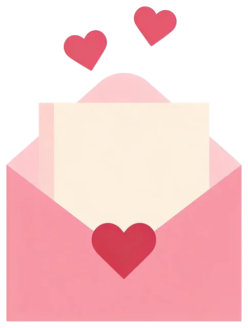 An open pink envelope with a cream letter inside and red heart details above and on the seal.
