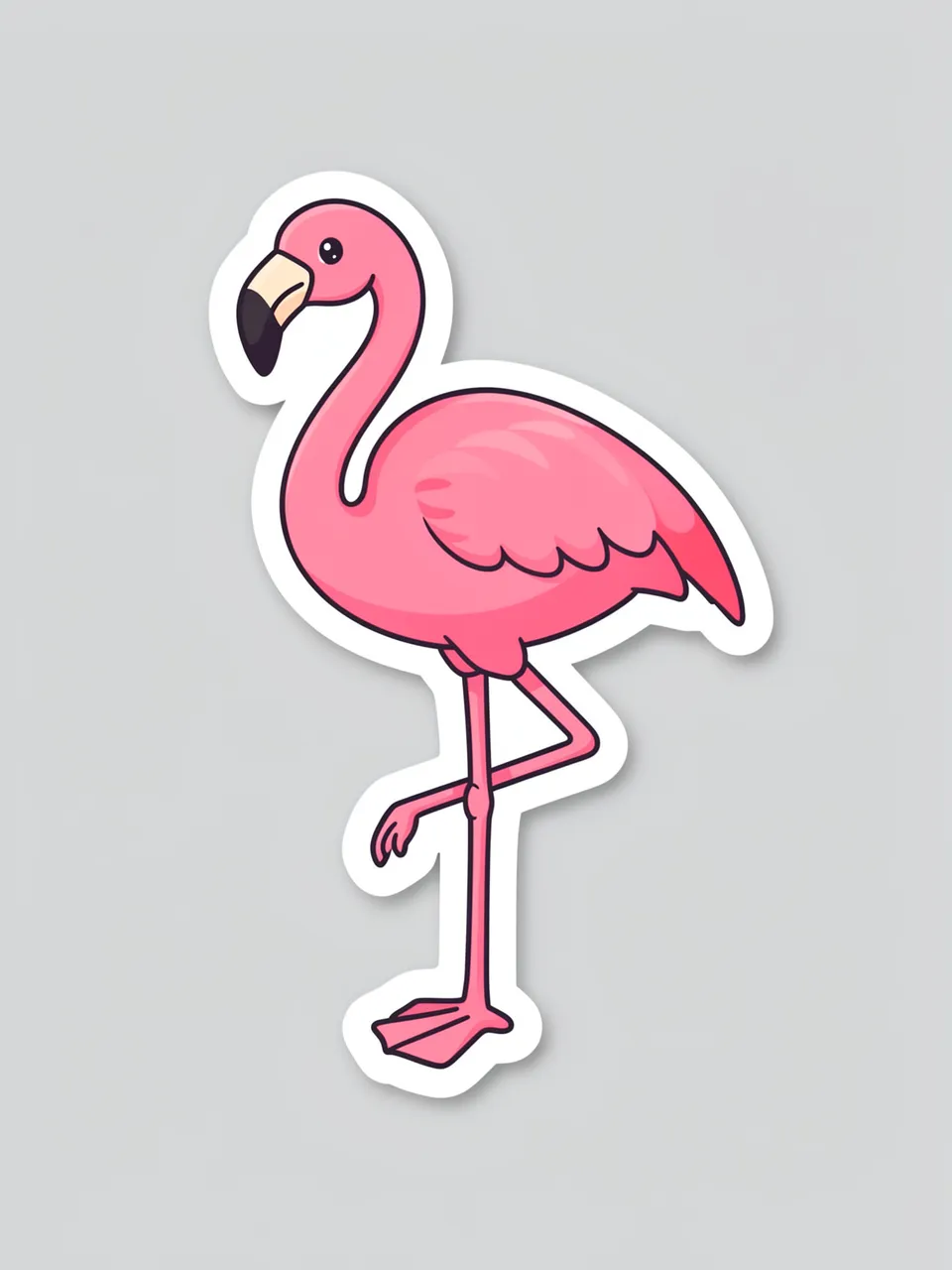 Cute flat illustration die cut sticker of a pink flamingo standing on one leg on a light gray background