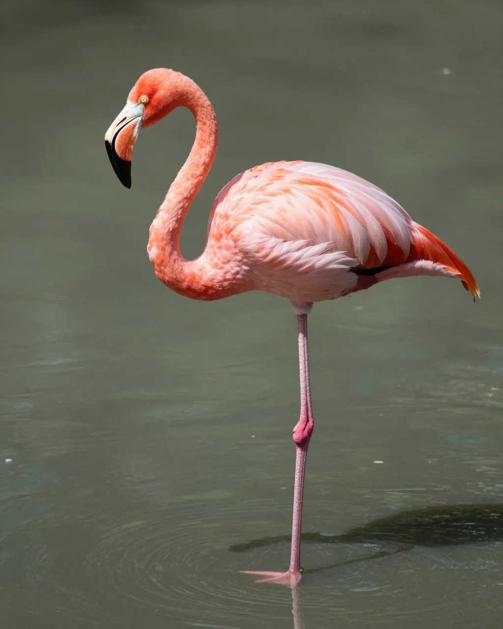 A pink flamingo stands balanced on one leg in calm shallow greenish water