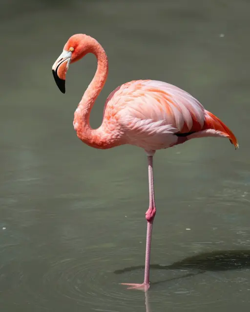 A pink flamingo stands balanced on one leg in calm shallow greenish water