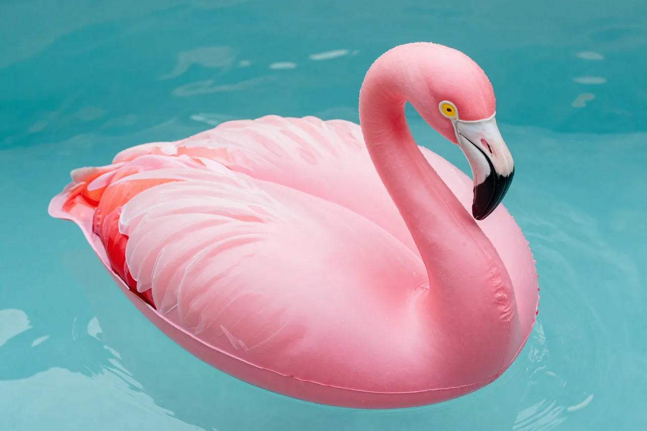 Top view of a pink inflatable flamingo pool float floating on turquoise pool water.