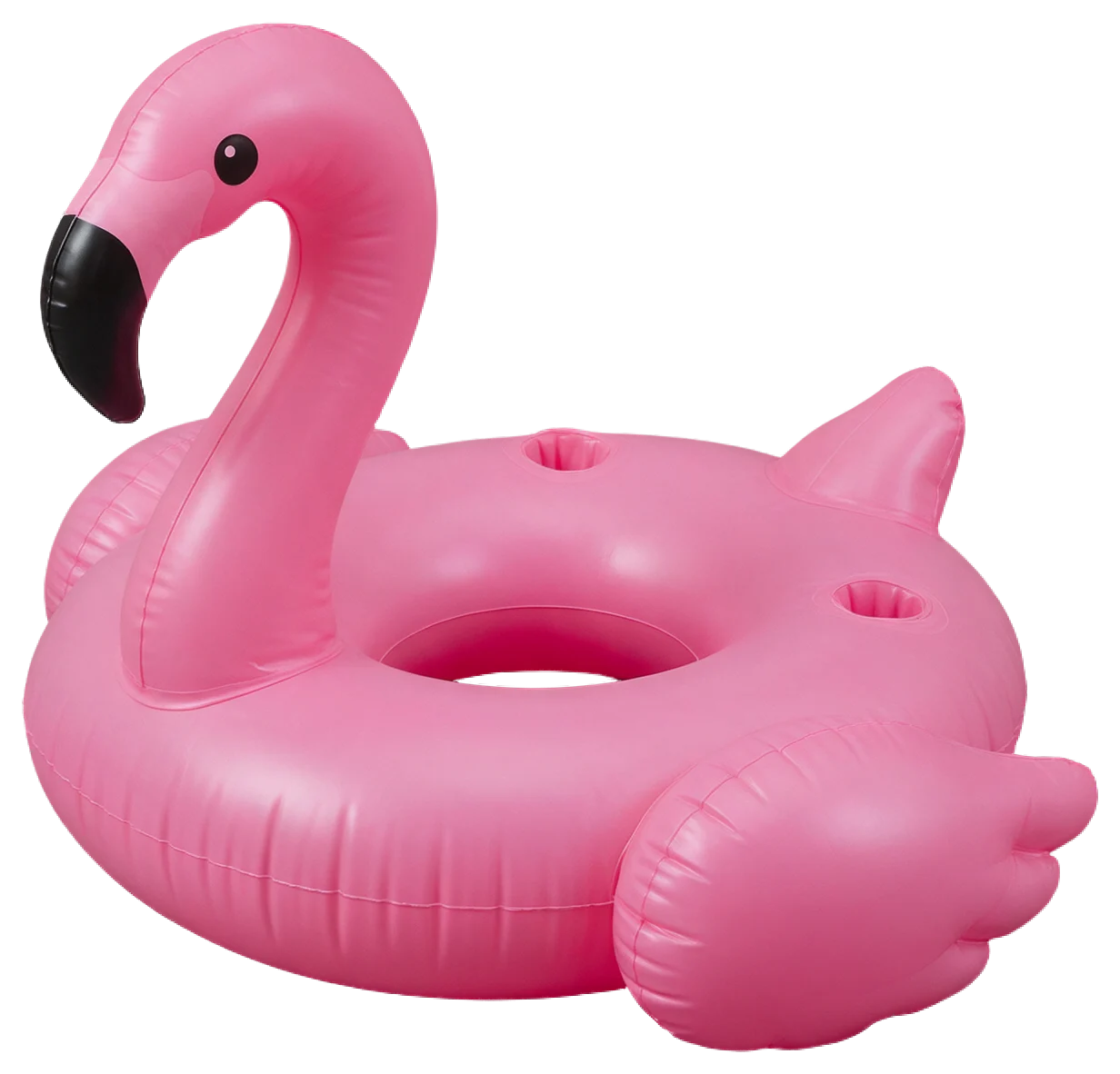 Inflatable pink flamingo pool float with built-in cup holders and a black beak.