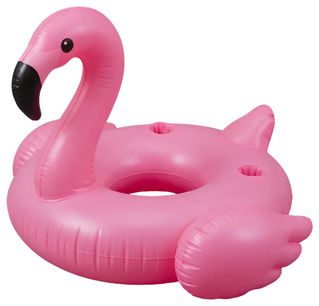 Inflatable pink flamingo pool float with built-in cup holders and a black beak.