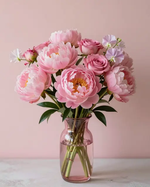 A lush arrangement of pink peonies, roses and sweet peas sits in a pink glass vase against a soft blush wall.