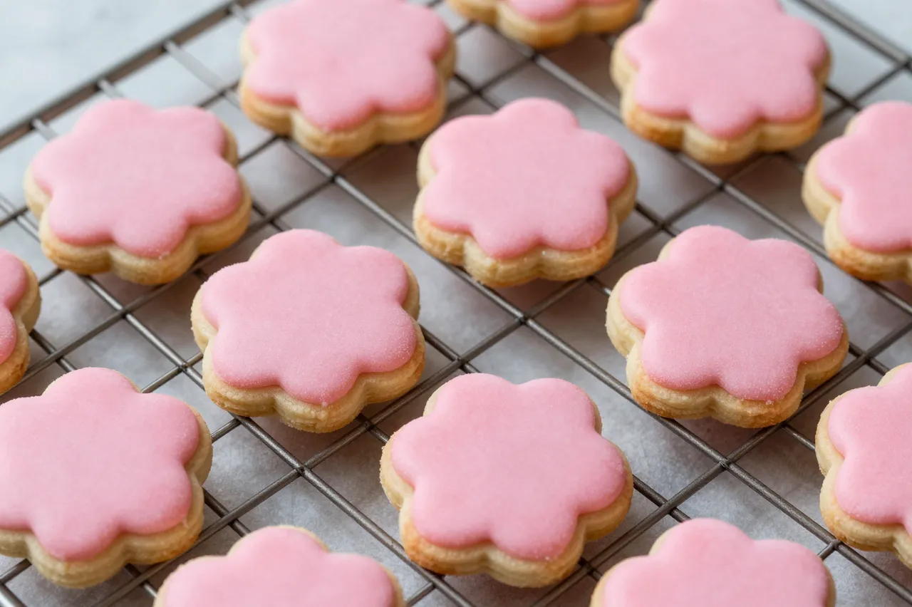 Top-down view of flower-shaped sugar cookies with pink icing arranged on a metal wire cooling rack.