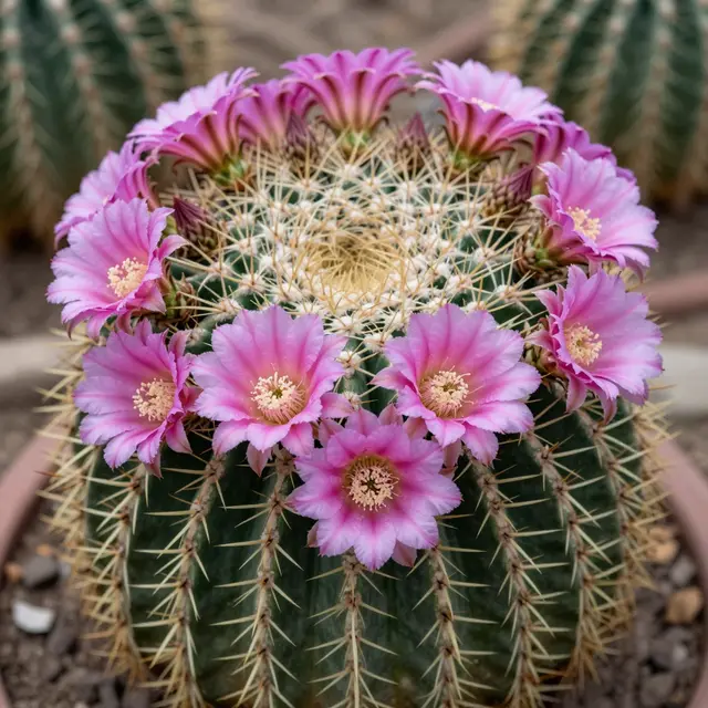 A round barrel cactus covered in sharp spines is ringed with blooming vibrant pink flowers in a planter.