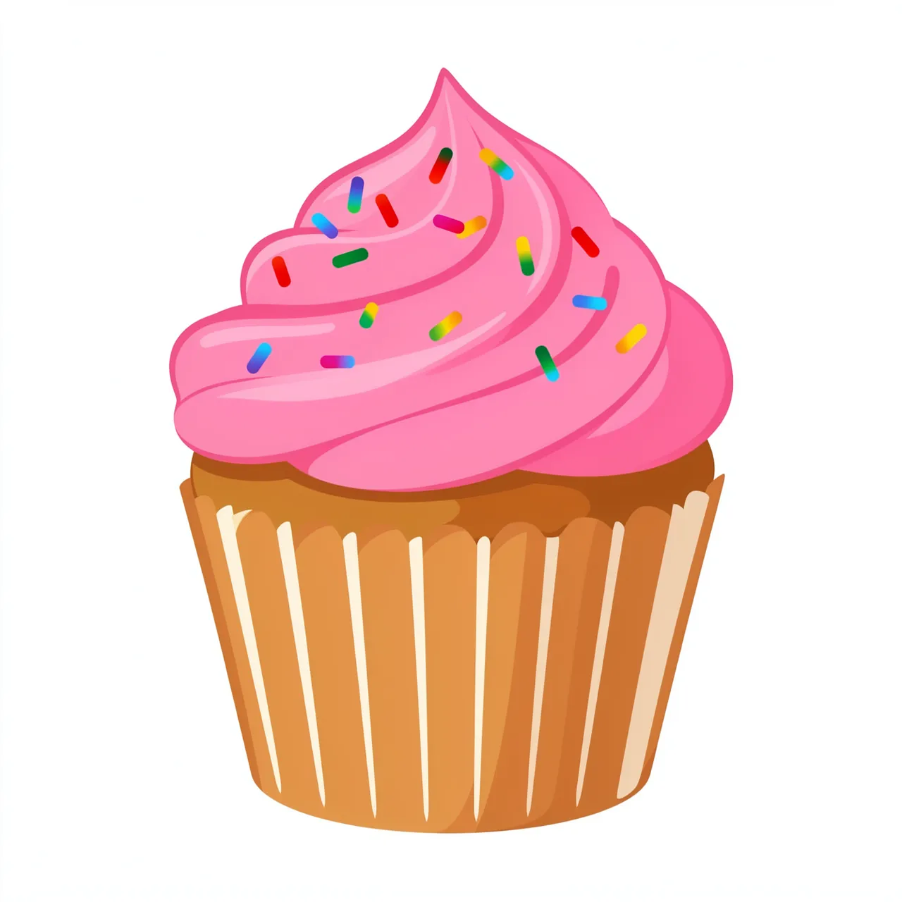 Flat clipart cupcake with swirled pink frosting and rainbow sprinkles isolated on a white background