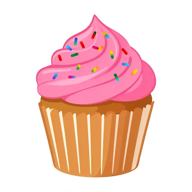 Flat clipart cupcake with swirled pink frosting and rainbow sprinkles isolated on a white background